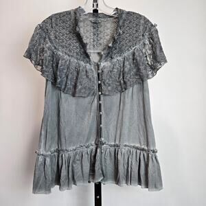 Pol Tiered Blouse Top Button Front Eyelet Lace Lagenlook Burn Out Grunge Small